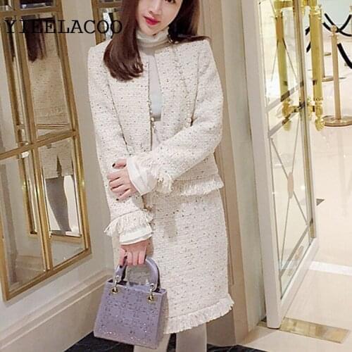 Beige tweed jacket + skirt suits autumn /winter womens jacket professional business sequin custom office ldies 2-piece set