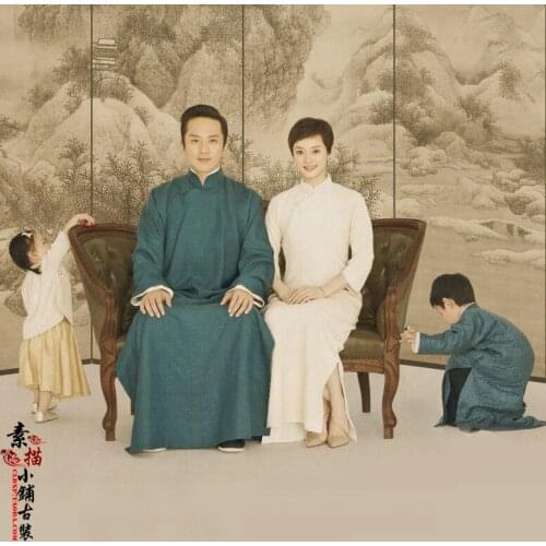 Four Family Members Republican Period Family Photo Mum - Dad - Daughter-Son Costume Sets Parent-Child Hanfu Costume Sets
