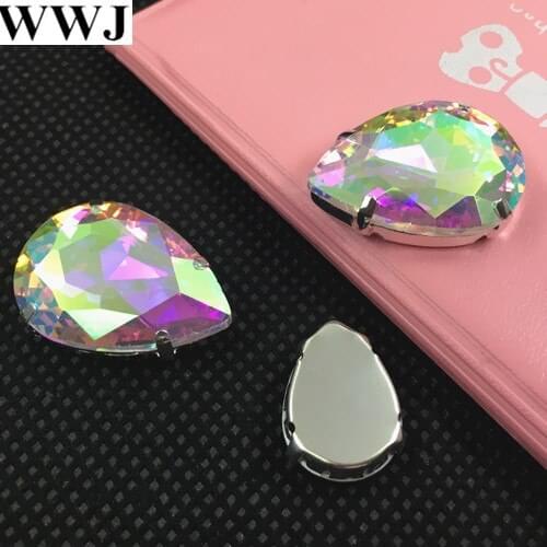Crystal AB Color Sew On Crystal Teardrop Fancy Stone With Metal Claw Setting 10x14mm,13x18mm,18x25mm,20x30mm