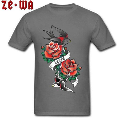 T Shirts 100% Cotton Tops For Men Cheap Tees Old School Tattoo Rose Swallow T-shirts O Neck Summer/Autumn Clothes Vintage