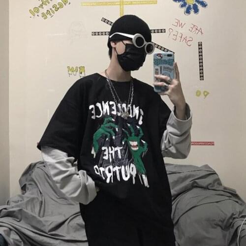 Trend Harajuku Monster Print Patchwork Fake Two Pieces T-Shirt Unisex Loose Panelled Clothes Vintage Hip Hop Kpop Men Streetwear
