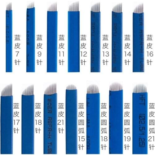 100Pcs Microblading Needles for Permanent Makeup Manual Eyebrow Tattoo Blade Pen Blue Colors 7/9/11/12/13/14/16/18/21PIN U Shape