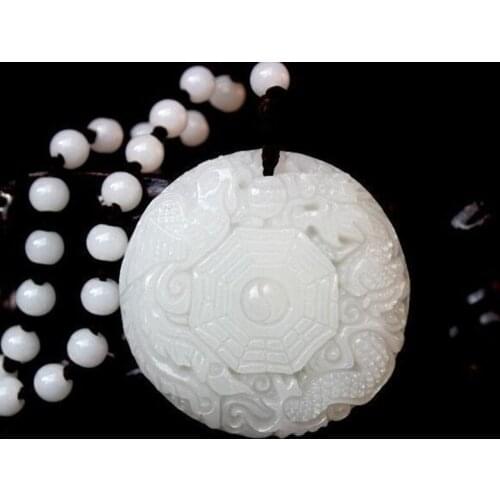 Chinese Hetian White jade hand-carved Dragon Phoenix amulet pendant necklace