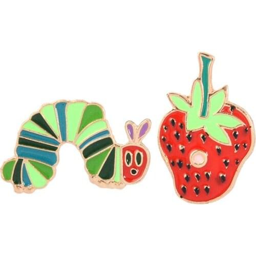 Strawberry Caterpillar enamel pin Cartoon Plant Animal badge brooch Lapel pin Denim Jeans shirt bag Funny Cute Jewelry Gift