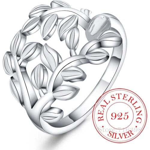 100% 925 Solid Sterling Silver Jewelry Vintage Plant leaves branches Silver Rings for Women Men Fashion Anel De Prata Bijoux