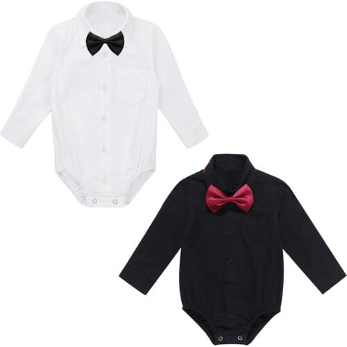 Newborn Infant Baby Boy Rompers Long Sleeves Formal Gentleman Shirts Romper Jumpsuit With Bow Tie Toddler Sets For Wedding Party
