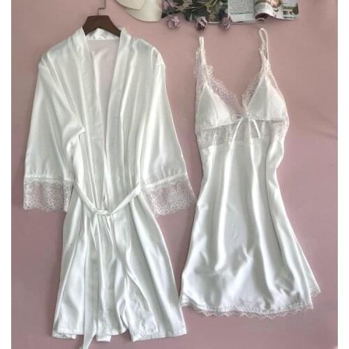 2PCS Satin Lace Robe Gown Sets Sexy Womens Nighty Bathrobe Nightdress Sleep Suit Kimono Nightwear With Chest Pads Sleepwear