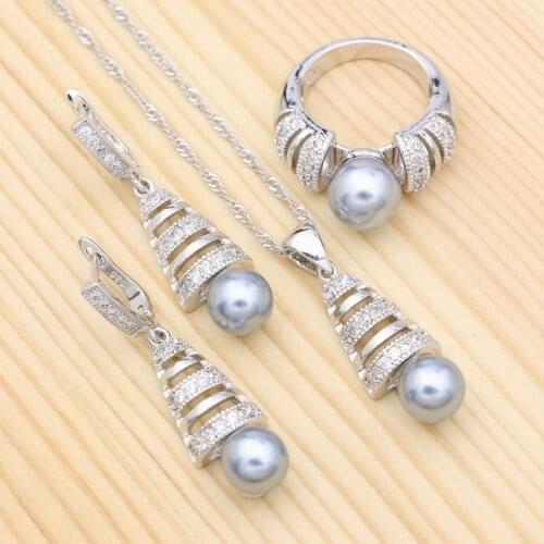 Grey Pearl White Cubic Zirconia 925 Silver Jewelry Set For Women Party Accessories Earrings Ring Pendant Necklace Kit