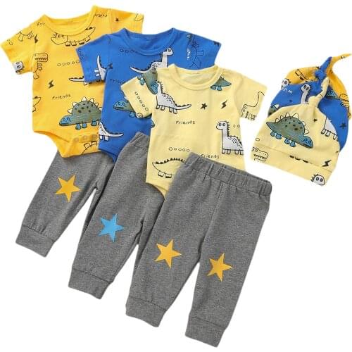 3 Pieces Kids Suit Set Cartoon Dinosaur Print Round Neck Short Sleeve Romper+ Pants Trouser+ Hat Costumes Outfits For Boys Girls