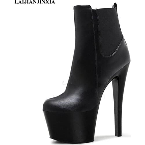 LAIJIANJINXIA New 17 Cm Super High Heels Black Red Womens Boots Waterproof Platform Fashion Round Toe Ankle Boots Dance Shoes