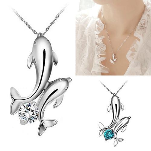 Hot Hot Fashion Selling Cute Silver Plated Double Dolphins Pendant Charm Chain Necklace Jewelry
