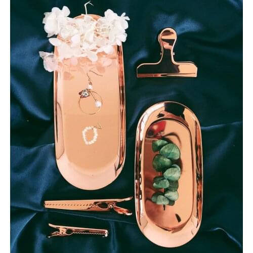Nordic chic style metal stainless steel brass oval storage/tea tray rose gold clip Ins popular product decoration