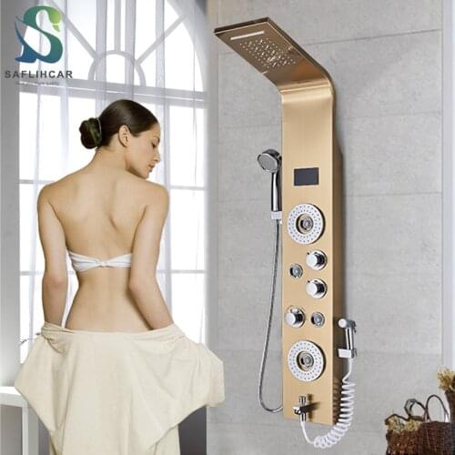 Golden LED Bathroom Shower Column Temperature Display Multifunctional Massage Shower System With High Pressure Spray Gun