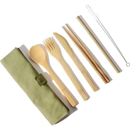 Bamboo Utensils Wooden Travel Cutlery Set Reusable Utensils With Pouch Camping Zero Waste Fork Spoon Knife Dinnerware Set Straw