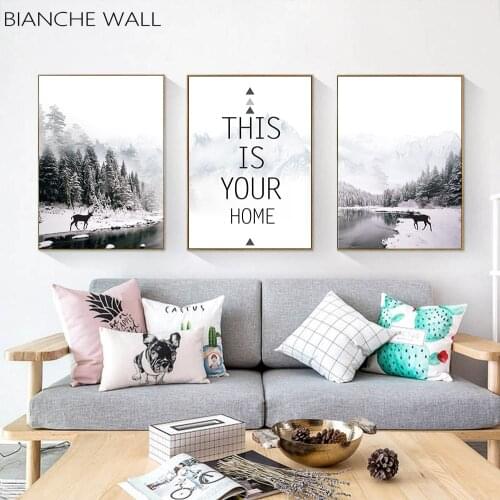 Shadow Landscape of Snowy Mountain Forest Deer Poster Print Wall Art Canvas Painting Decorative Picture Nordic Landscape Decor