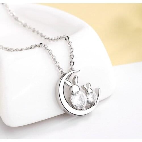 Personality Moon Rabbit Design Cute 925 Sterling Silver Chokers Necklaces Jewelry Girl Party Birthday CZ Zircon Stone Collares