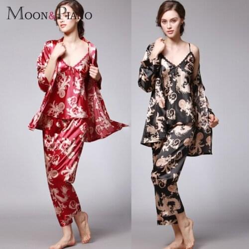Women Home Pajamas Fashion Printing Comfortable Three-piece Blouse Pants European and American Style Sexy Fashion Pajamas Set