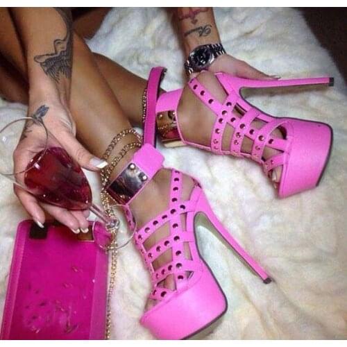 Drop Shipping Woman Hot Pink Leather 16 CM Stiletto Heels Rivets Platform Sandals Ladies Metal Circle Night Club Party Sandals