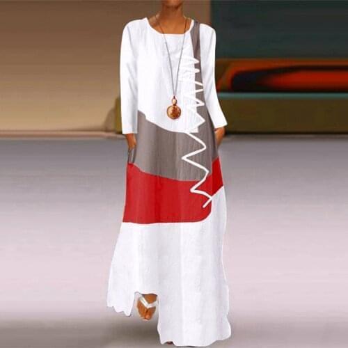 Women Patchwork Sundress 2020 Maxi Dress Kaftan Casual Long Sleeve Tunic Vestido Female Robe Plus Size Spring Autumn