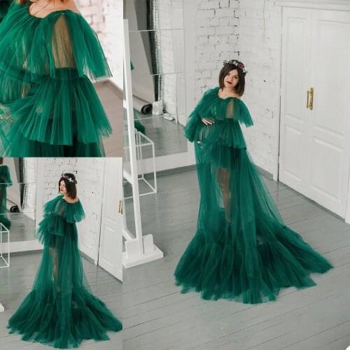 Dark Green Tulle Ladies Ruffles Bathrobe Sleepwear Bridal Long Nightgowns Women Birthday Party Wedding Gowns Shower Robes