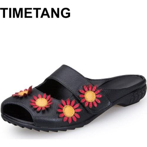 TIMETANG 2021Ethnic Style Genuine Leather Women Shoes Flat Slippers Handmade Flower Cow Leather Women Slides