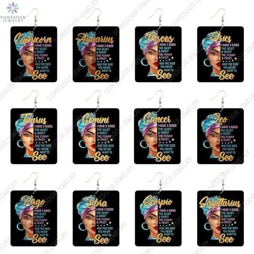 SOMESOOR Afro Headwrap Sweet Zodiac Woman Wooden Drop Earrings Printed Constellations Rectangle Dangle Jewelry For Birthday Gift