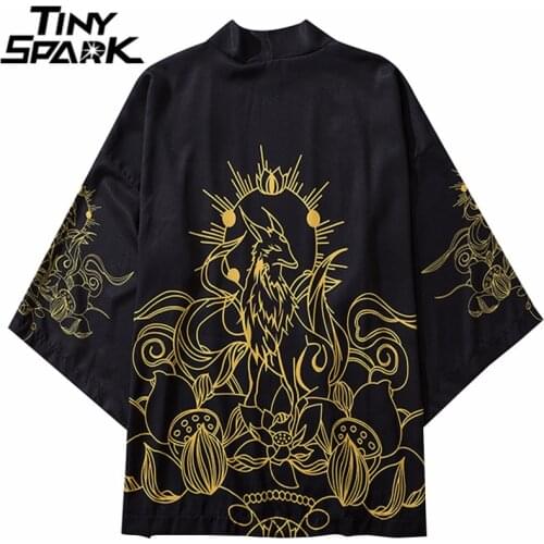 Japanese Kimono Jacket Lotus Fairy Dog Harajuku 2020 Hip Hop Men Japan Streetwear Jacket Summer Thin Clothing Loose Kimono Black