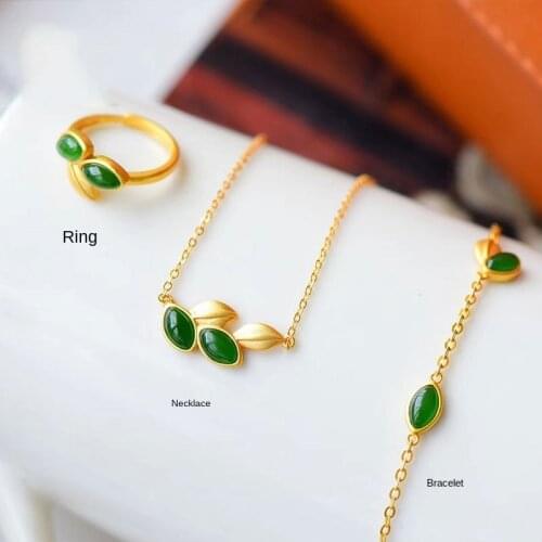 Natural Hetian jade leaf jewelry centralized retro unique ancient gold craft charm womens elegant silver brand jewelry