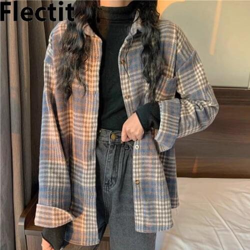 Flectit Classic Plaid Flannel Shirt for Women Front Pocket Long Sleeve Collared Boyfriend Style Womens Blouses & Shirts