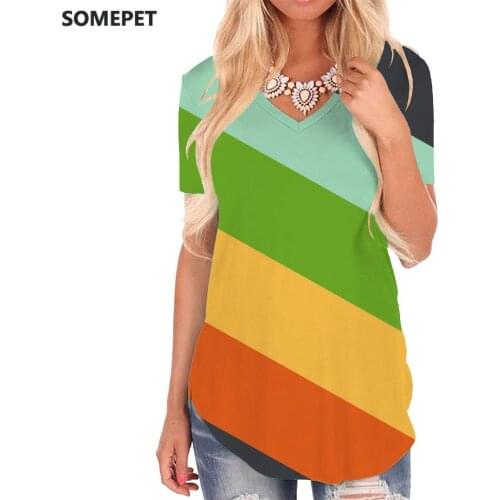 SOMEPET Colorful T-shirt women Pattern V-neck Tshirt Wire Tshirts Printed Rainbow Funny T shirts Womens Clothing Hip hop Printed