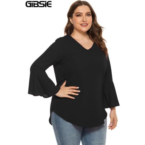 GIBSIE Plus Size V Neck Solid Flared Sleeves Women Tops Street Chiffon Long Sleeve Blouses Women Fashion Korean Casual Blouse