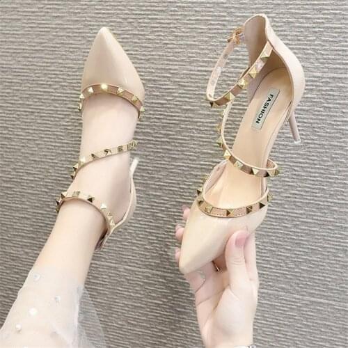 2020 summer sandals for ladies with rivet pointed pointed stiletto sandals artificial PU baotou one-word buckle side empty heels