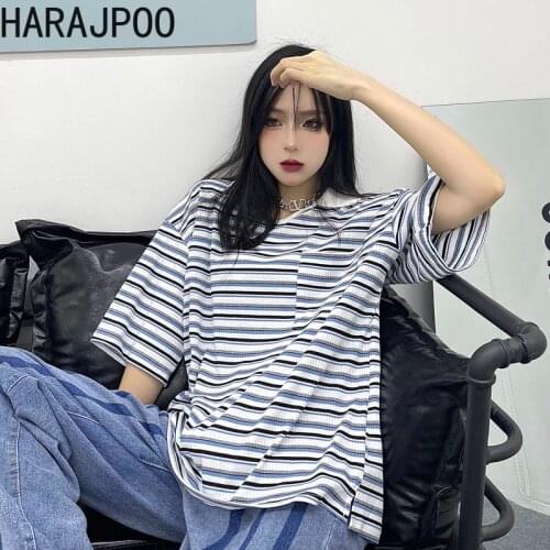 Harajpoo Women T Shirts Striped Female Summer Korean INS Harajuku Retro All Match Thin Student Loose Collar Short Sleeve Tops