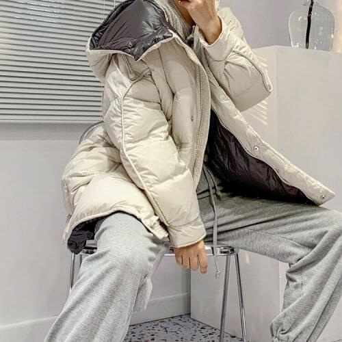 Winter new style 90% white duck down mid-length hooded down jacket female Korean temperament loose thick solid color jacket