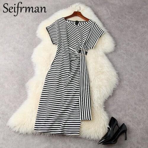 Seifrmann New 2021 Summer Women Fashion Runway Asymmetrical Dress Short Sleeve High Waist Striped Ladies Midi Dresses Vestidos