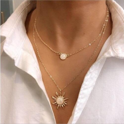 925 Sterling Silver Double-layer Design Simple Carved Golden Sun Goddess Necklace Temperament Basic Clavicle Short Necklace