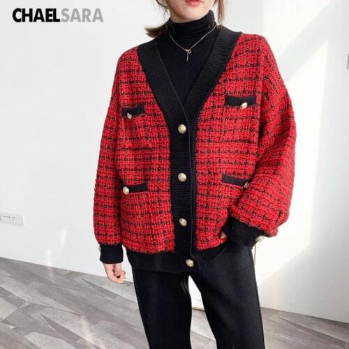Vintage Wool Jacket Women V-Neck Long Sleeve Knit Coat Female Spring Autumn Loose Plaid Female Overcoat