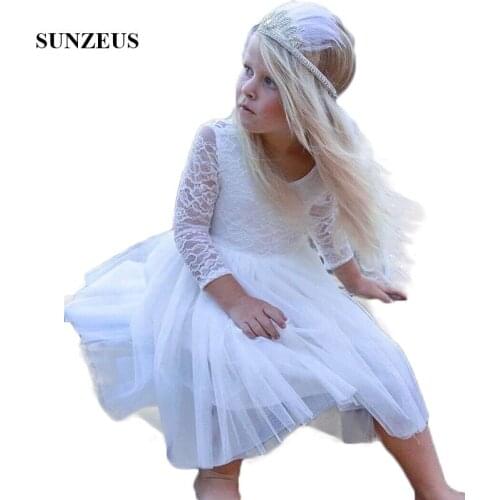 Knee-Length White Flower Girls Dresses Three Quarter Long Sleeve Lace First Communion Dresses vestido de daminha SF11