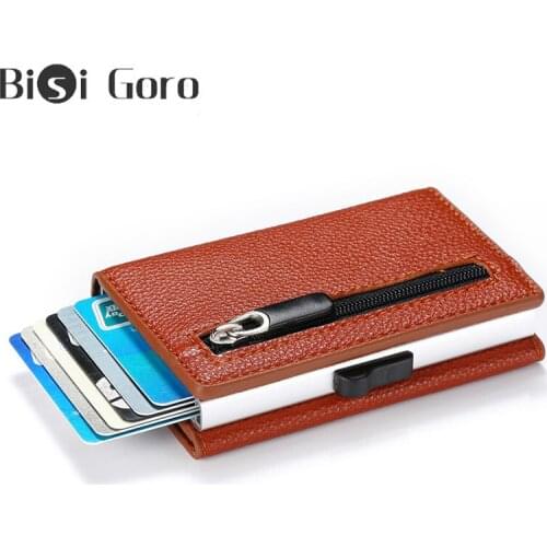 BISI GORO Anti-theft Rfid Id Card Holder Case Single Box Aluminium Coin Purse Women Magnetic Mini Credit Card Holder With Zipper