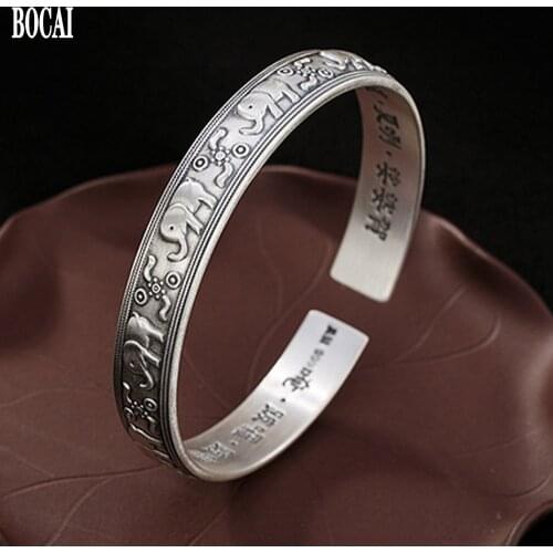 BOCAI new solid S999 pure silver jewelry retro matte versatile elephant open style sterling silver woman bracelet