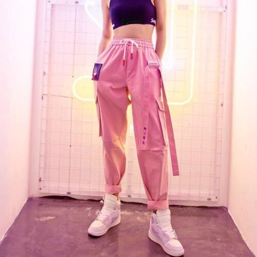 Harajuku Hip Hop Women Cargo Pants High Waist Korean Pants Ribbon Pink Trousers Female Loose Joggers Sweatpants Pockets
