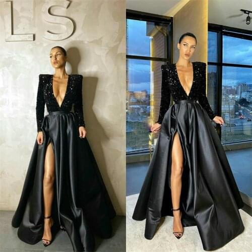 Black Evening Dresses Deep V Neck High Side Split A Line Prom Dress 2020 Custom Made Formal vestidos de fiesta