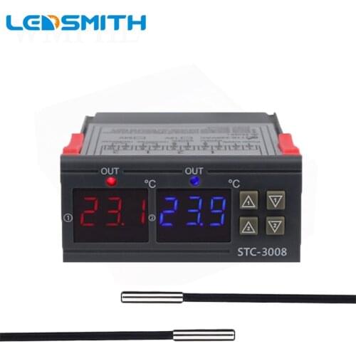Dual Digital Temperature Controller Thermostat For Incubator Two Relay Output Thermoregulator 10A Heating Cooling STC-3008