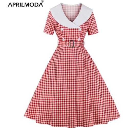 Plaid Print Elegant Women Rockabilly Dress 50s Retro Vintage A Lline Short Sleeve Black Red Blue Cotton Party Jurken With Belt