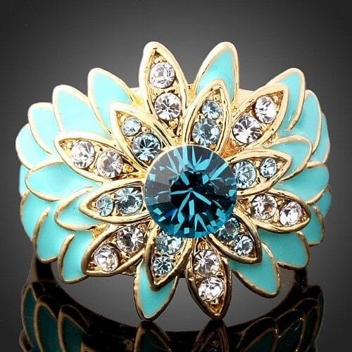 Wholesale Gold Color Blossoming Petal Flower Design Green With Austrian Crystal Rhinestone Enamel Wedding Rings For Women