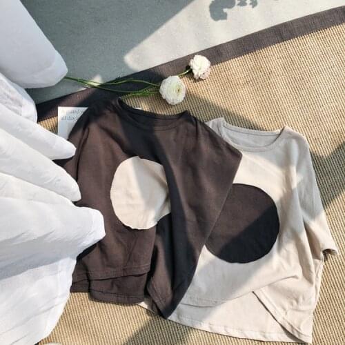 Oversize Girls T Shirt Loose Style Cotton Rough Edge Circle Short Sleeve Kids T Shirt for Boy Fashion Baby T Shirts Children Top