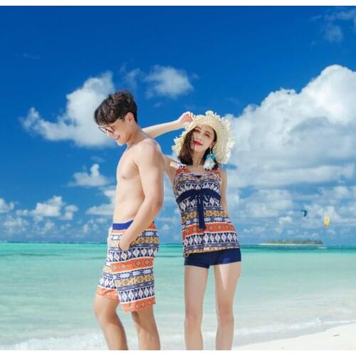 2021 New Couple Swimsuit Women Split Two-Piece Flat Angle Slim Swimwear Men Hot Spring Beach Trunks Boys Beach Shorts