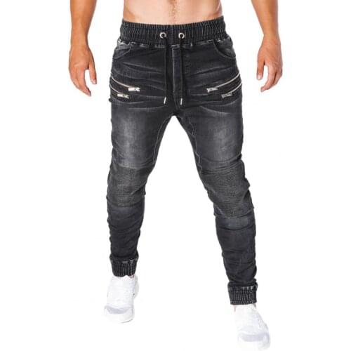 Fashion Men Zipper Drawstring Pockets Jeans Skinny Pants Outside Casual Trousers Jeans
