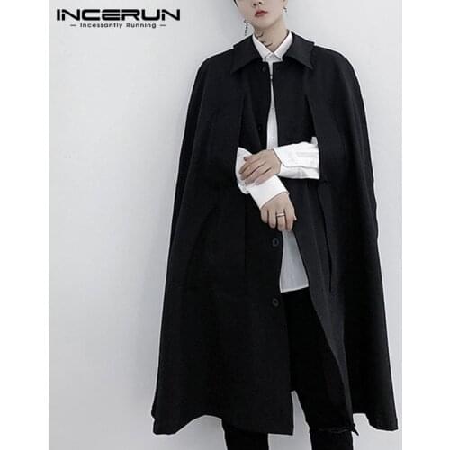 Men Solid Color Turn Down Collar Capes Cloak INCERUN Single Breasted Winter Poncho Loose Pockets Long Outwear Streetwear S-5XL 7