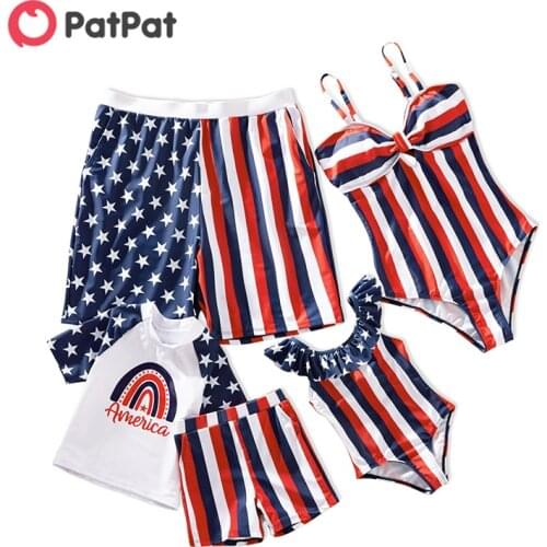 PatPat Independence Day Series Star Stripe Swimsuits(Off Shoulder Swimsuits for Mom and Girl ; Swim Trunks for Dad and Boy)